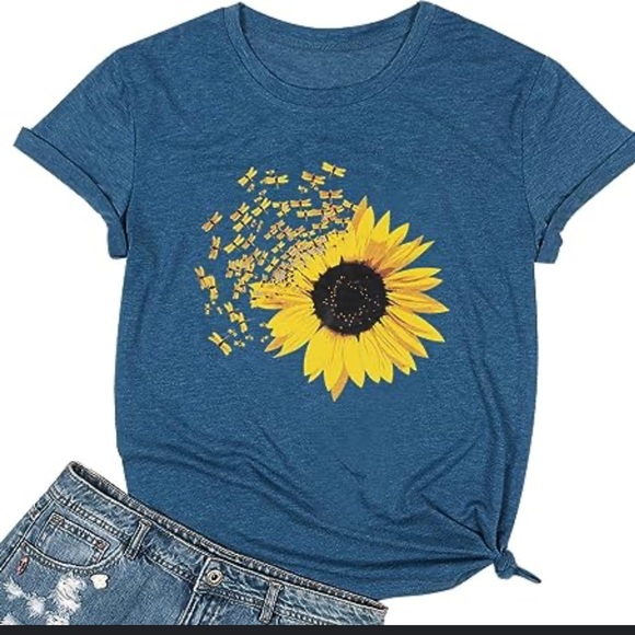 🆕 Blue Sunflower T-Shirt with Dragonflies - Picture 2 of 6